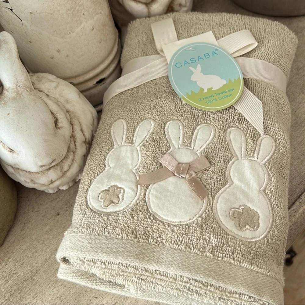 Cottage Farmhouse Boho Easter Spring bunnies beige cotton hand towels
